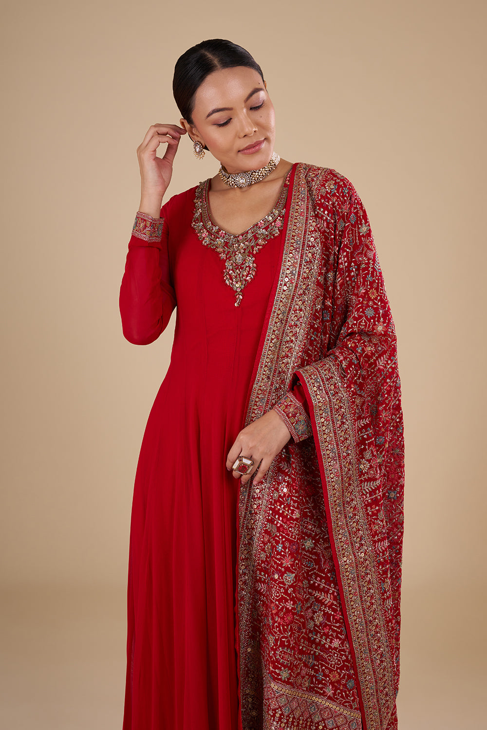Crimson Red Georgette Silk Anarkali Set