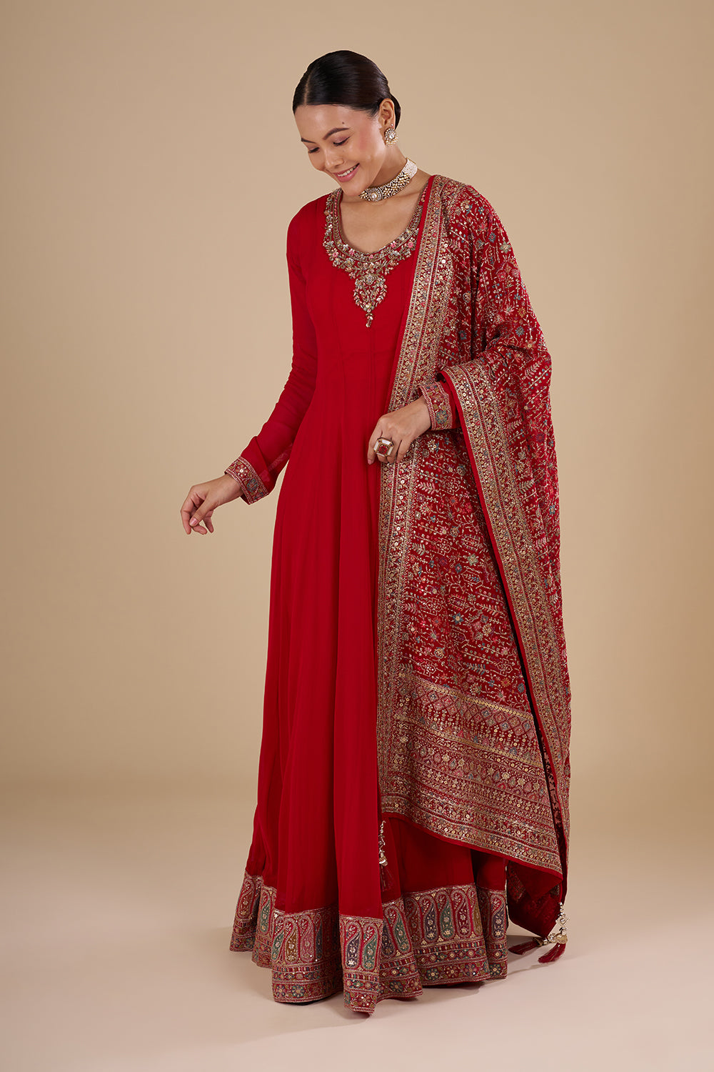 Crimson Red Georgette Silk Anarkali Set