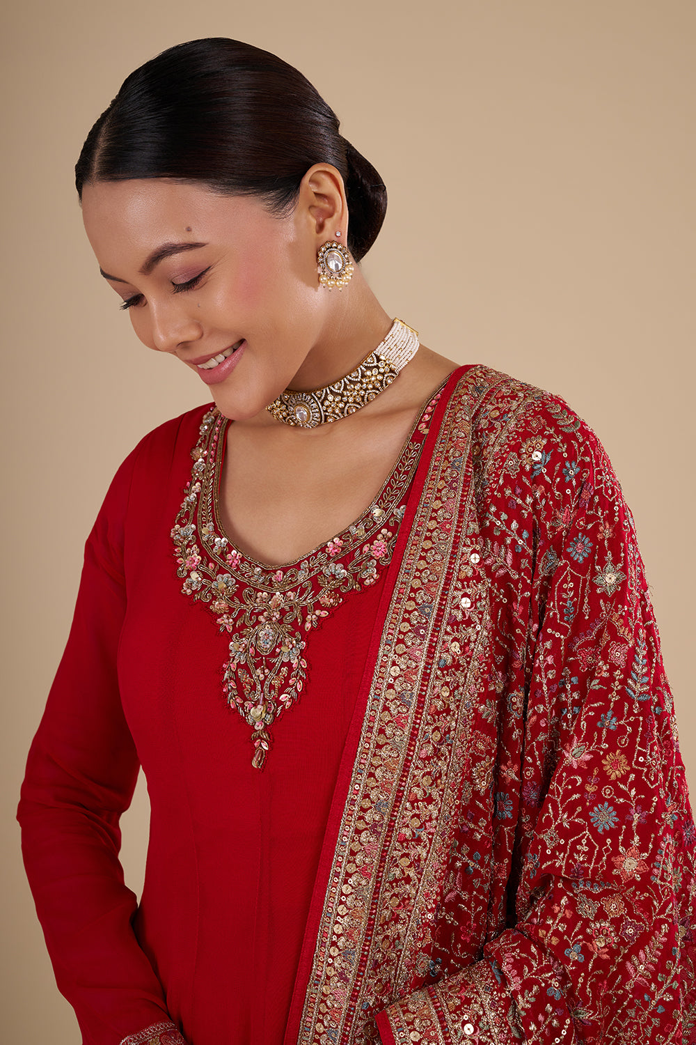 Crimson Red Georgette Silk Anarkali Set