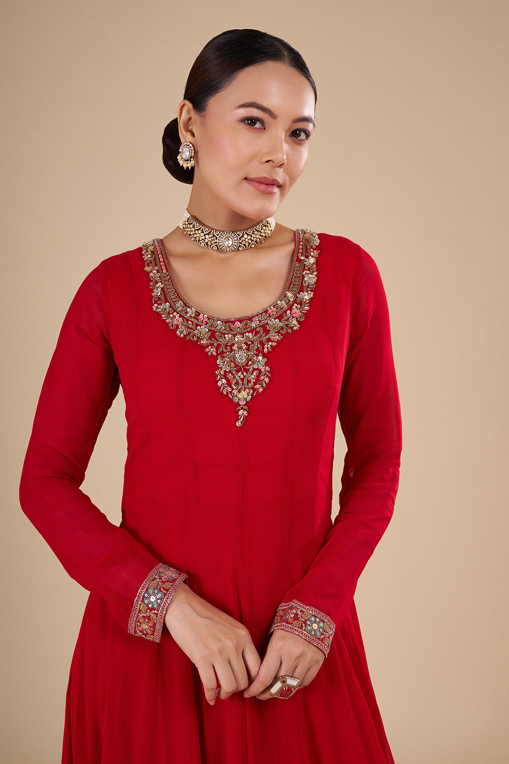 Crimson Red Georgette Silk Anarkali Set