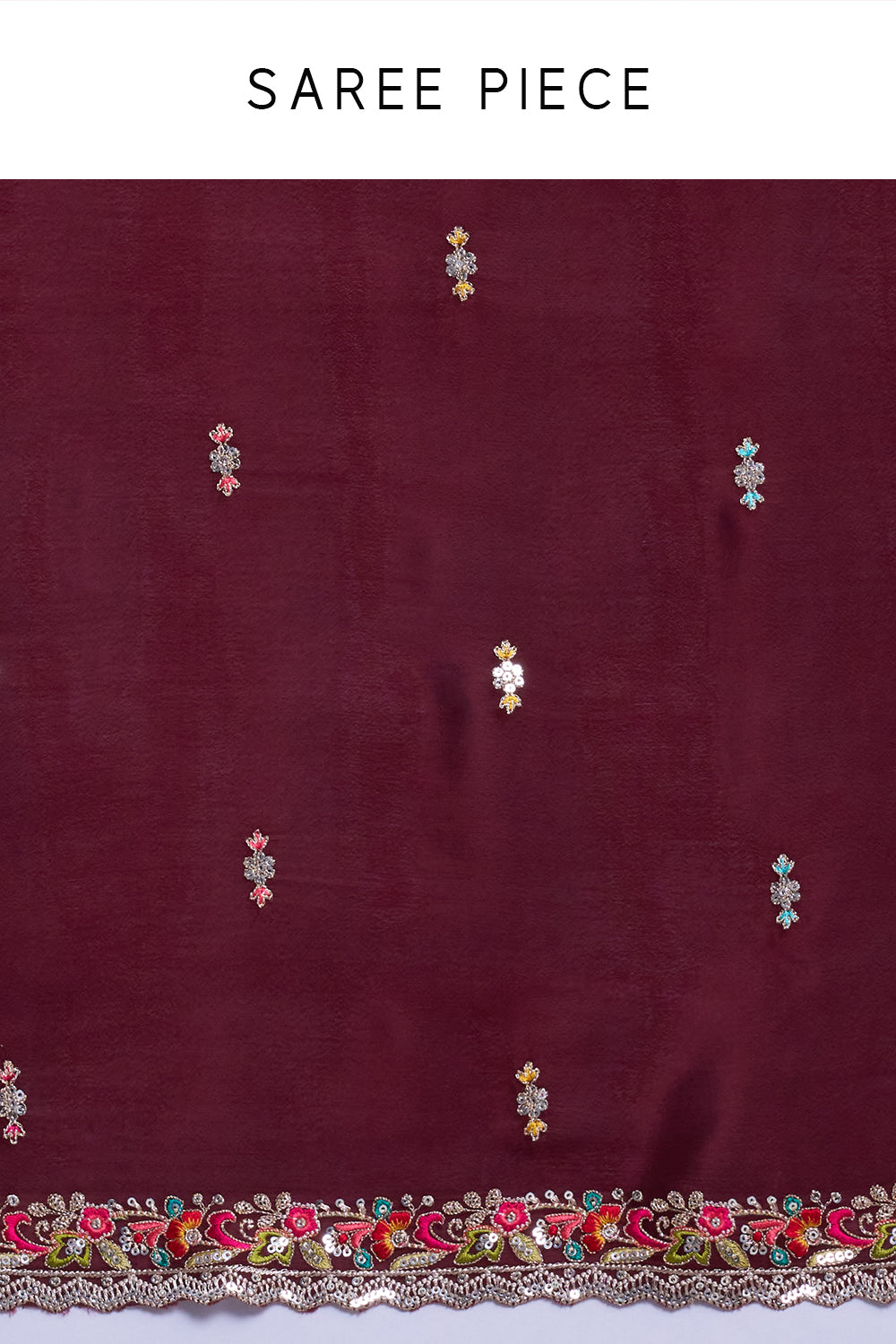 Deep Maroon Crepe Saree with Multicoloured Resham Detailing