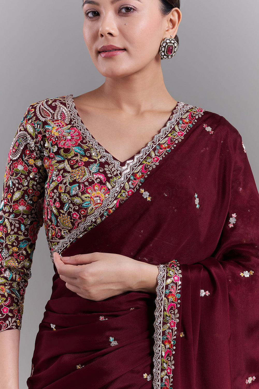 Deep Maroon Crepe Saree with Multicoloured Resham Detailing