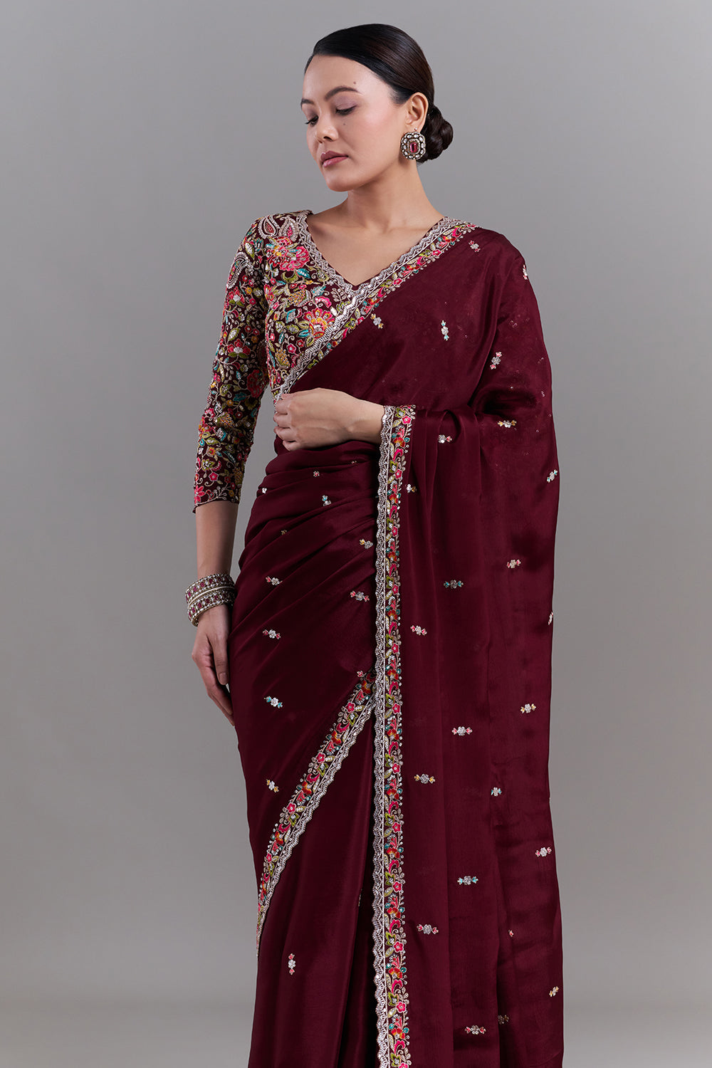 Deep Maroon Crepe Saree with Multicoloured Resham Detailing