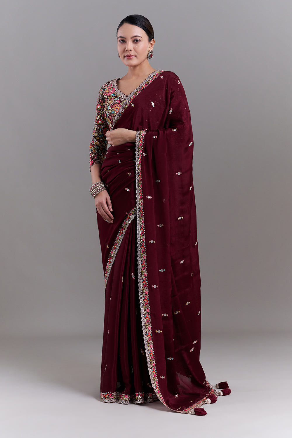 Deep Maroon Crepe Saree with Multicoloured Resham Detailing