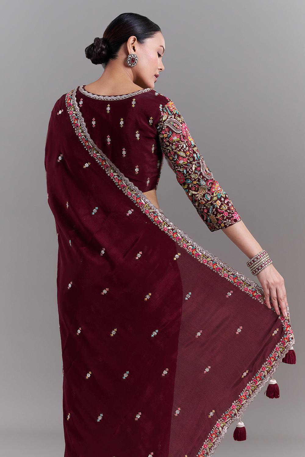 Deep Maroon Crepe Saree with Multicoloured Resham Detailing