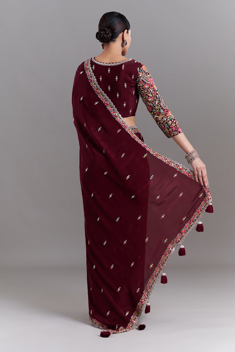 Deep Maroon Crepe Saree with Multicoloured Resham Detailing