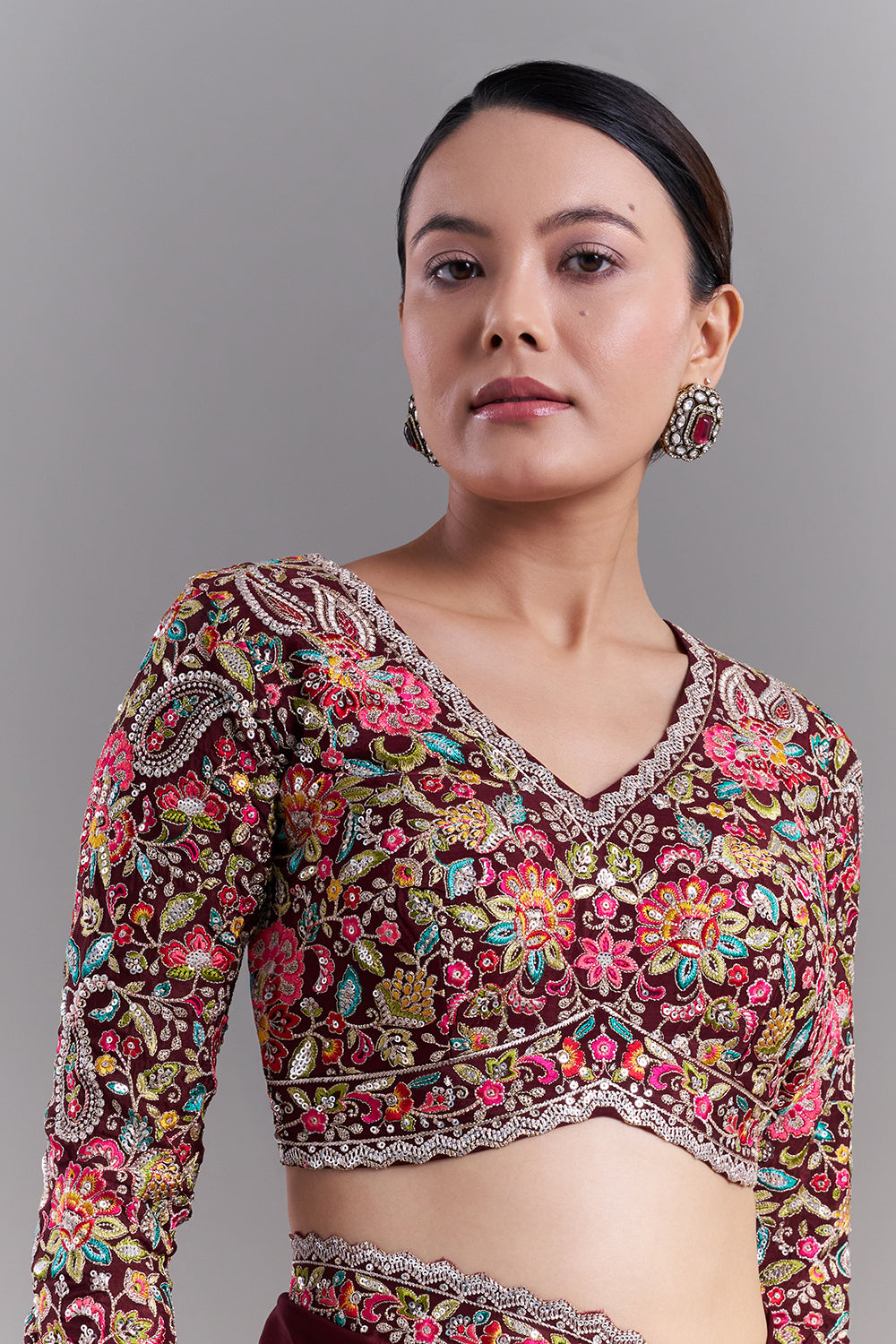 Deep Maroon Crepe Saree with Multicoloured Resham Detailing