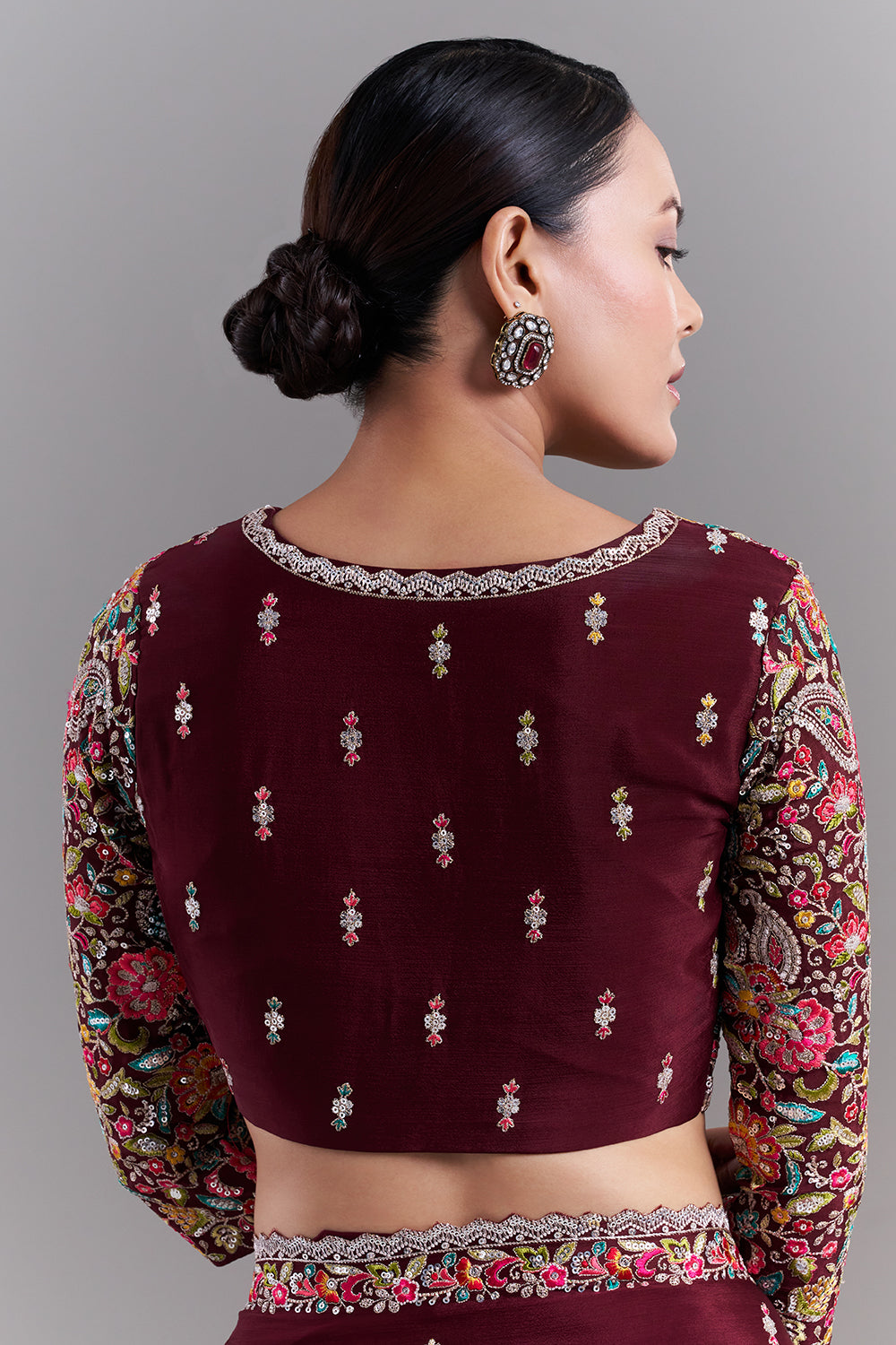 Deep Maroon Crepe Saree with Multicoloured Resham Detailing