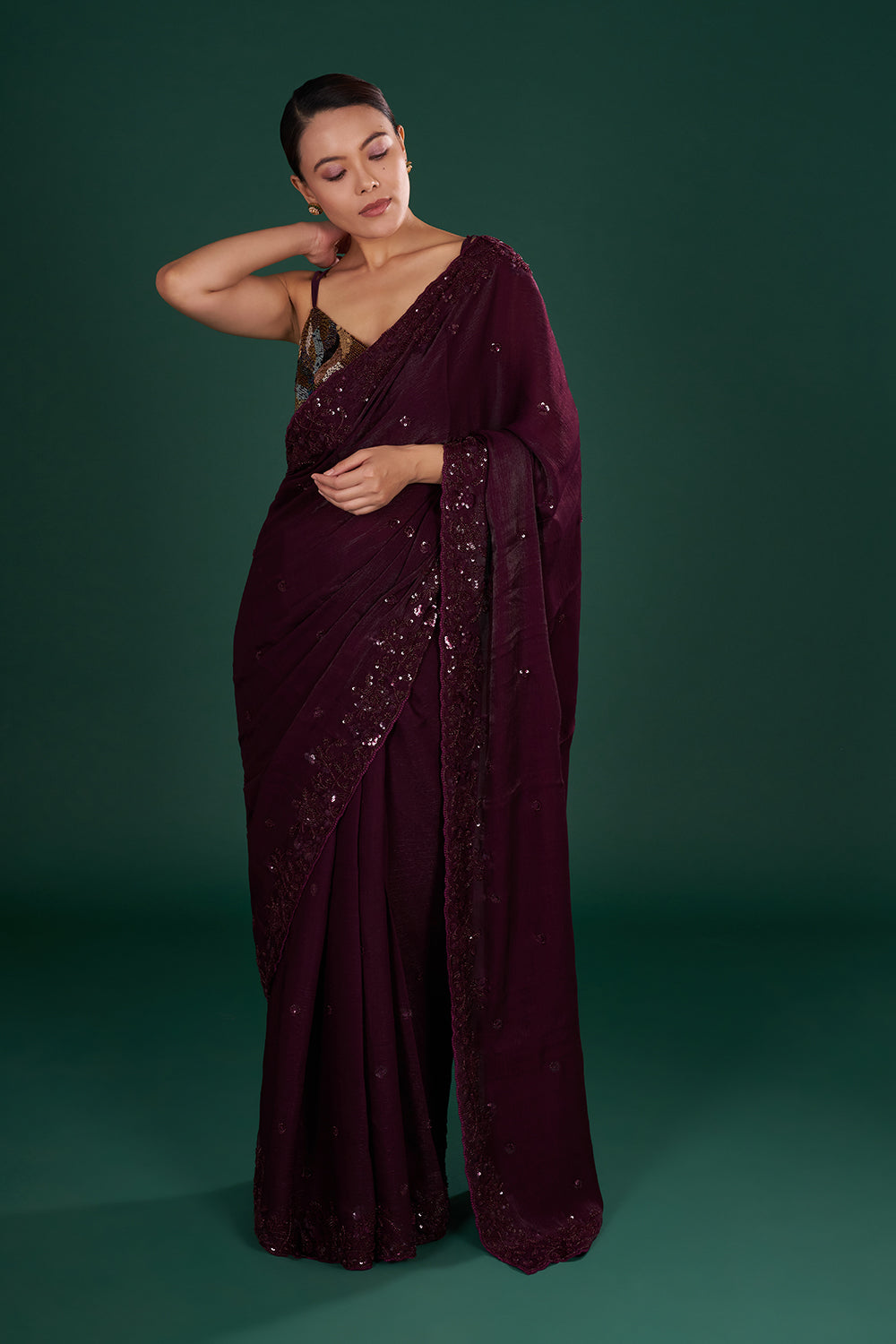 Deep Wine Shimmer Crush Jimmy Choo Saree with Bead Embroidery and Unstitched Blouse