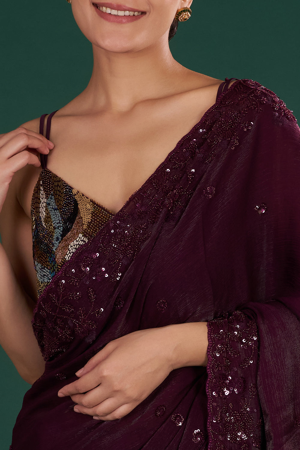 Deep Wine Shimmer Crush Jimmy Choo Saree with Bead Embroidery and Unstitched Blouse
