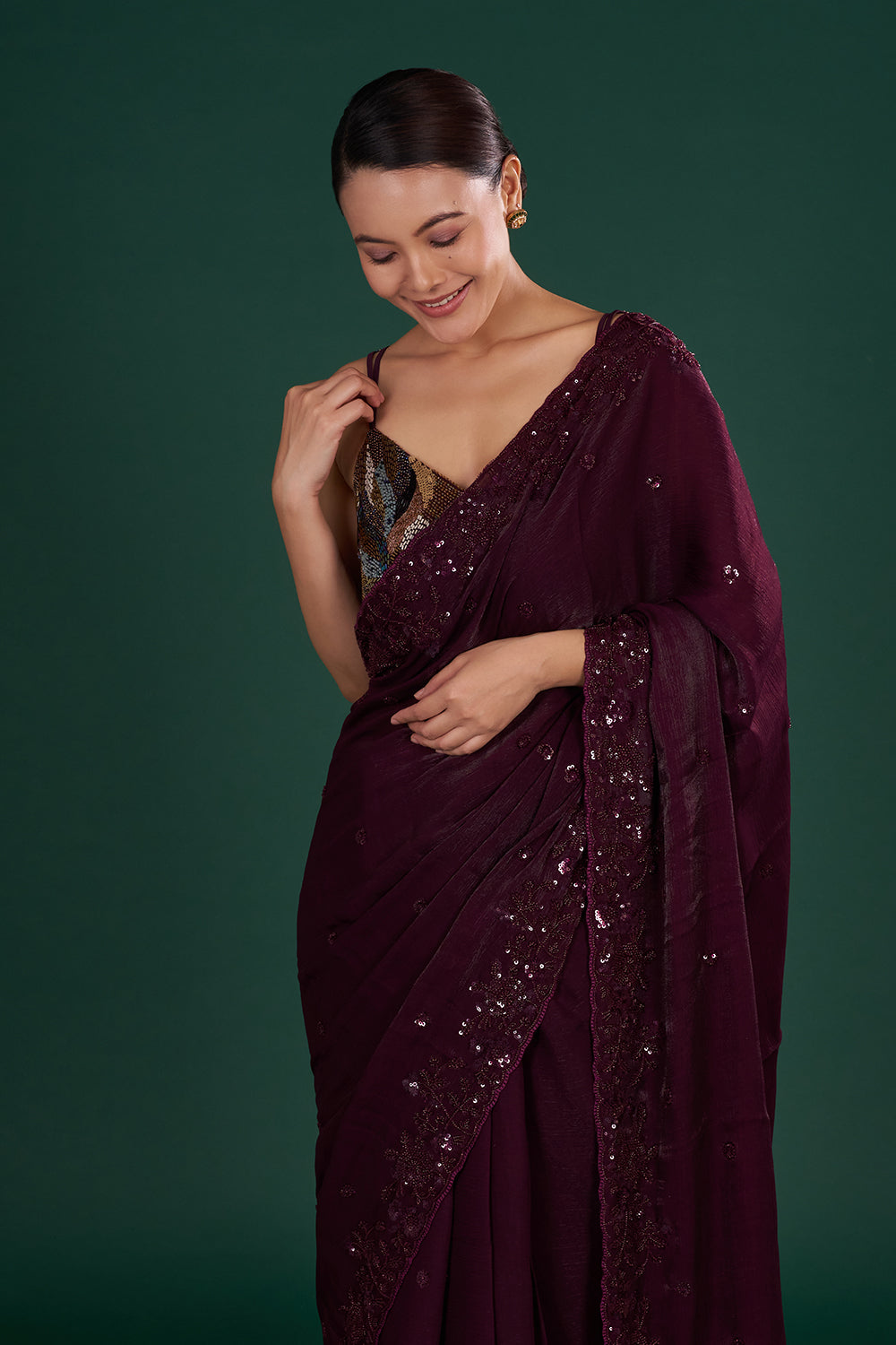 Deep Wine Shimmer Crush Jimmy Choo Saree with Bead Embroidery and Unstitched Blouse