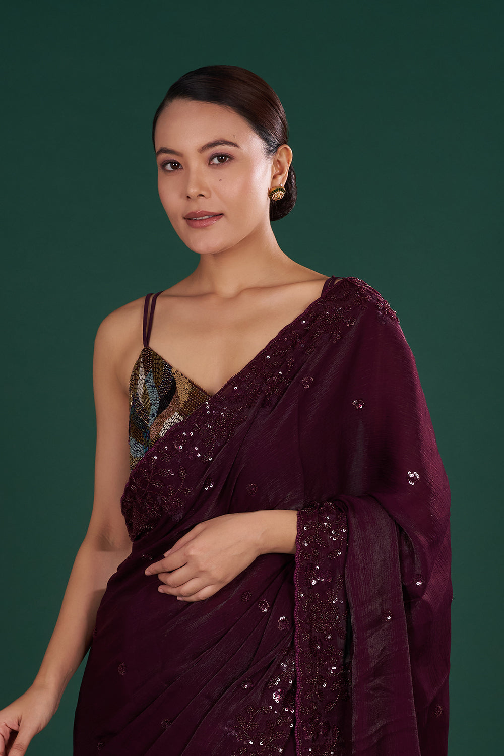 Deep Wine Shimmer Crush Jimmy Choo Saree with Bead Embroidery and Unstitched Blouse