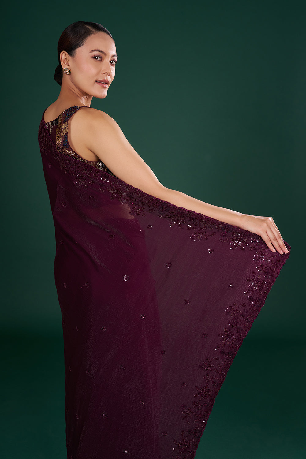 Deep Wine Shimmer Crush Jimmy Choo Saree with Bead Embroidery and Unstitched Blouse