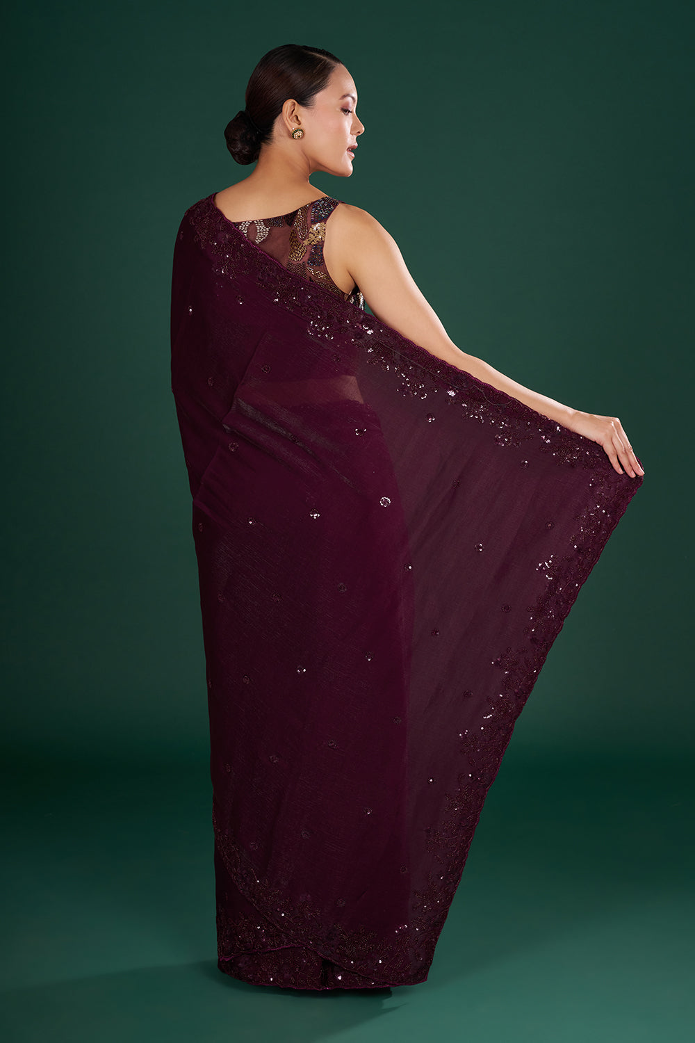 Deep Wine Shimmer Crush Jimmy Choo Saree with Bead Embroidery and Unstitched Blouse