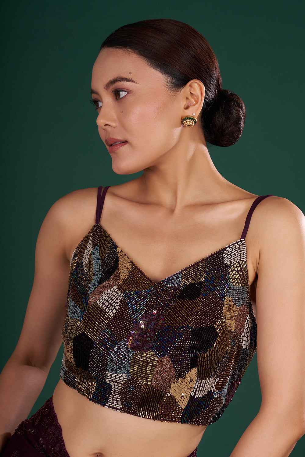 Deep Wine Shimmer Crush Jimmy Choo Saree with Bead Embroidery and Unstitched Blouse