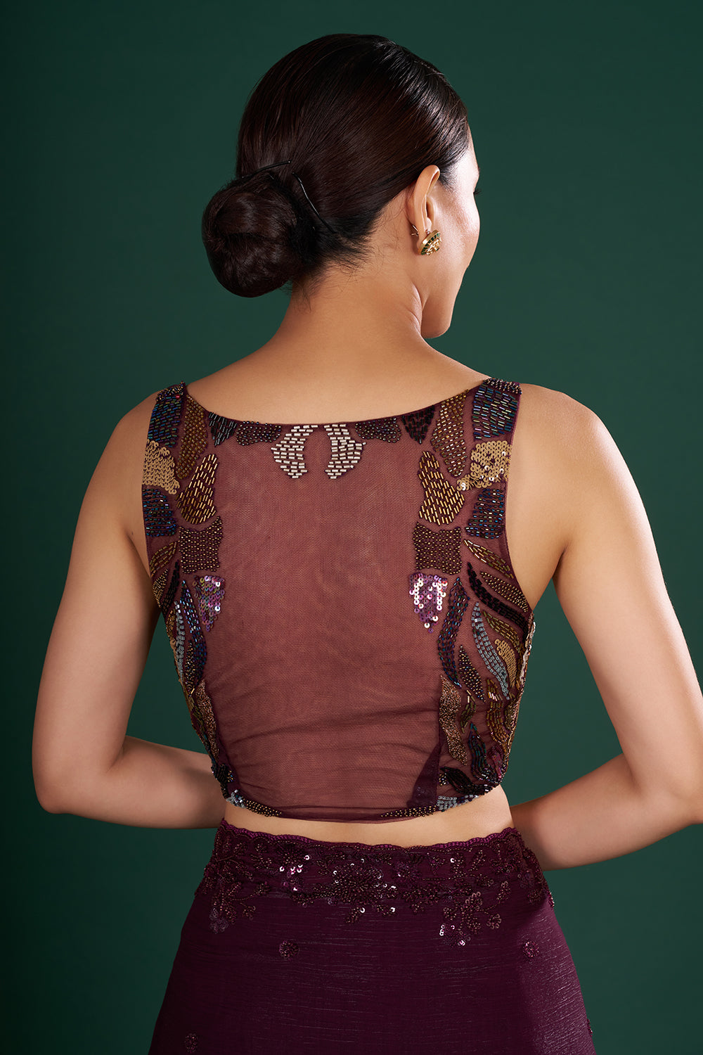 Deep Wine Shimmer Crush Jimmy Choo Saree with Bead Embroidery and Unstitched Blouse
