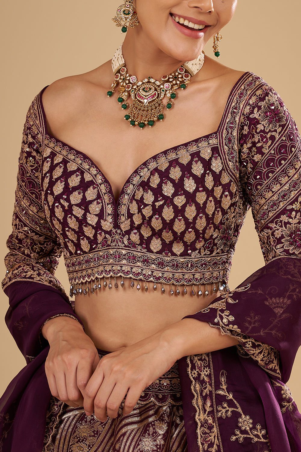 Deep Wine Banarasi Silk Lehenga Set with Zari Work