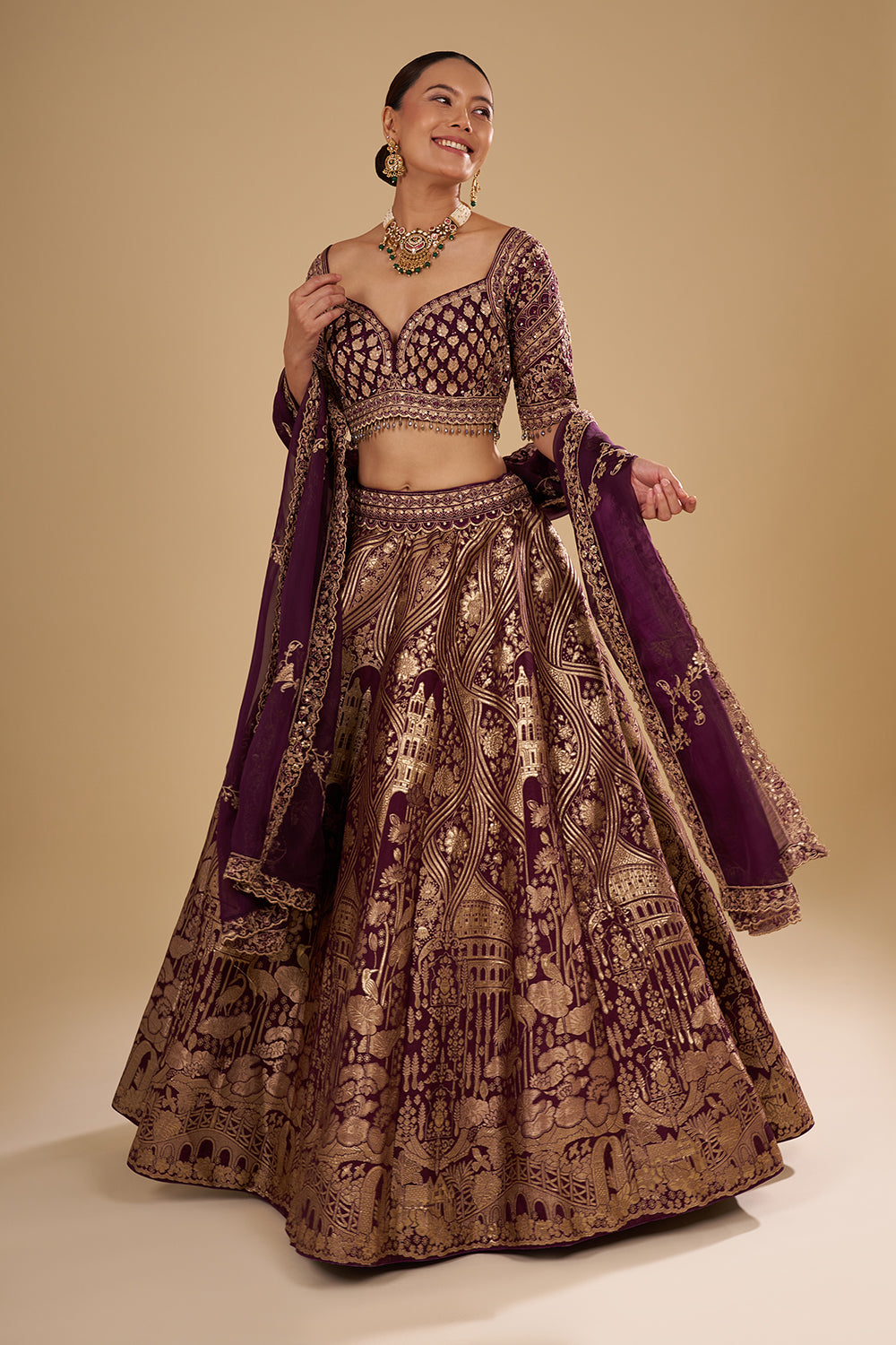 Deep Wine Banarasi Silk Lehenga Set with Zari Work