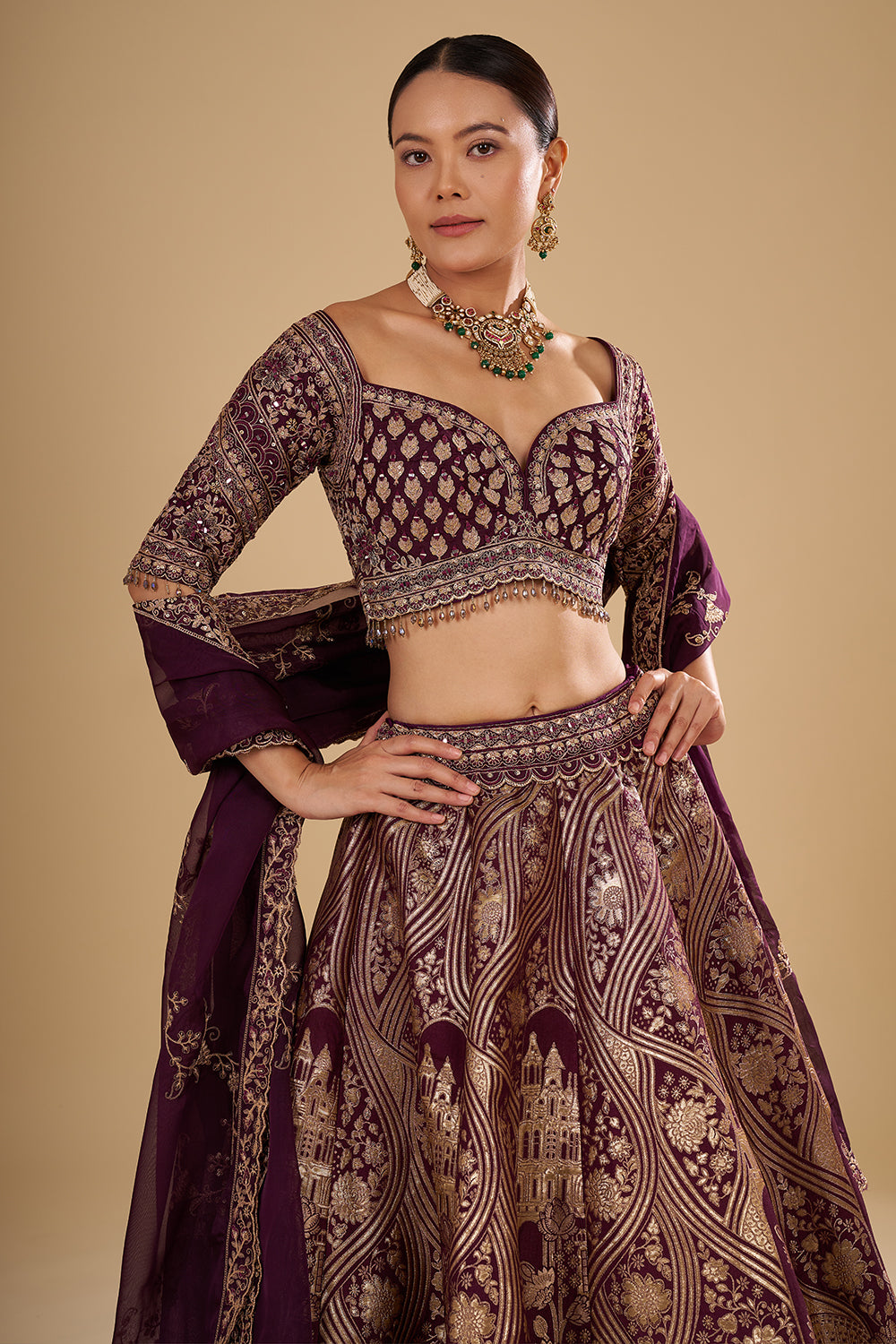 Deep Wine Banarasi Silk Lehenga Set with Zari Work