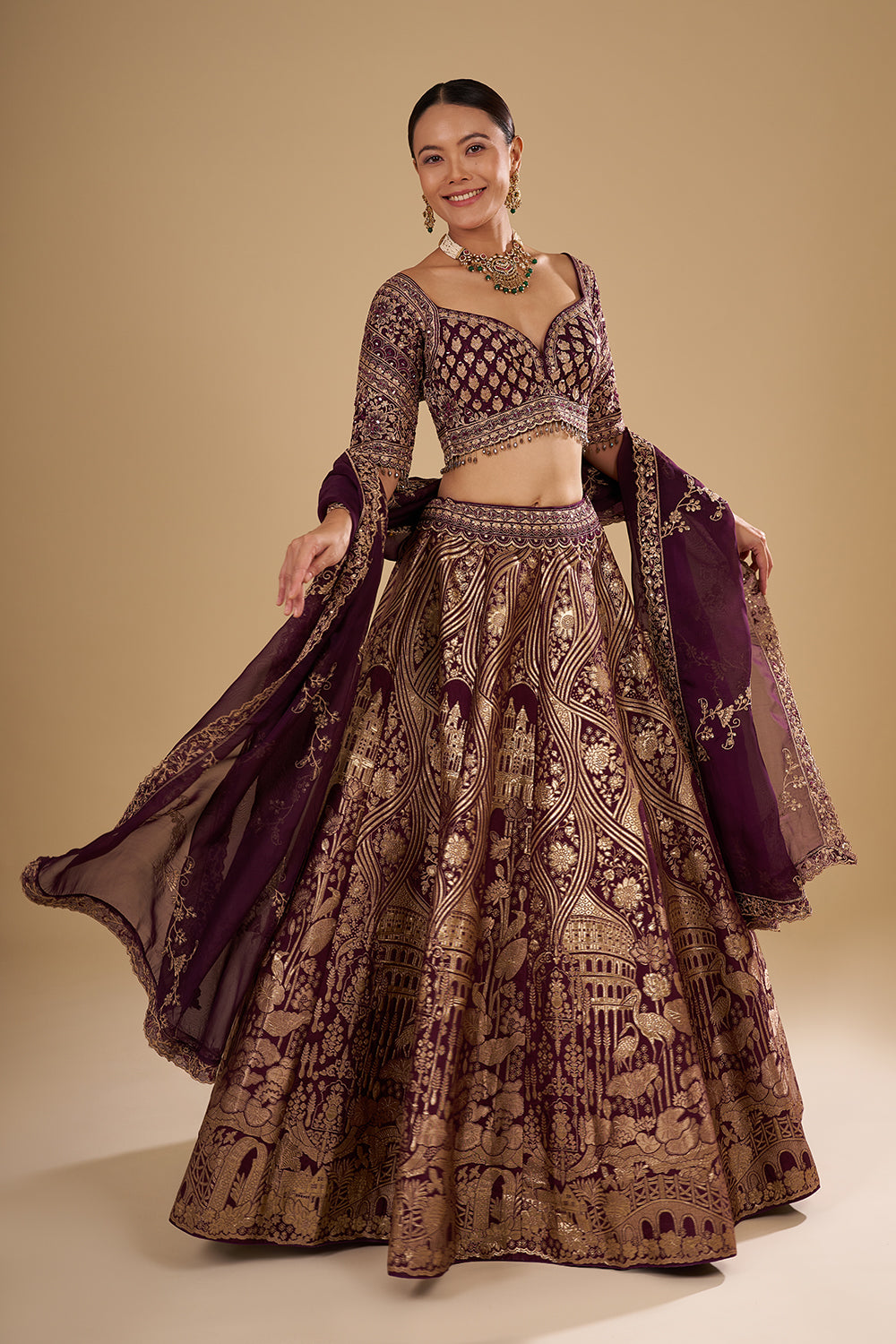Deep Wine Banarasi Silk Lehenga Set with Zari Work
