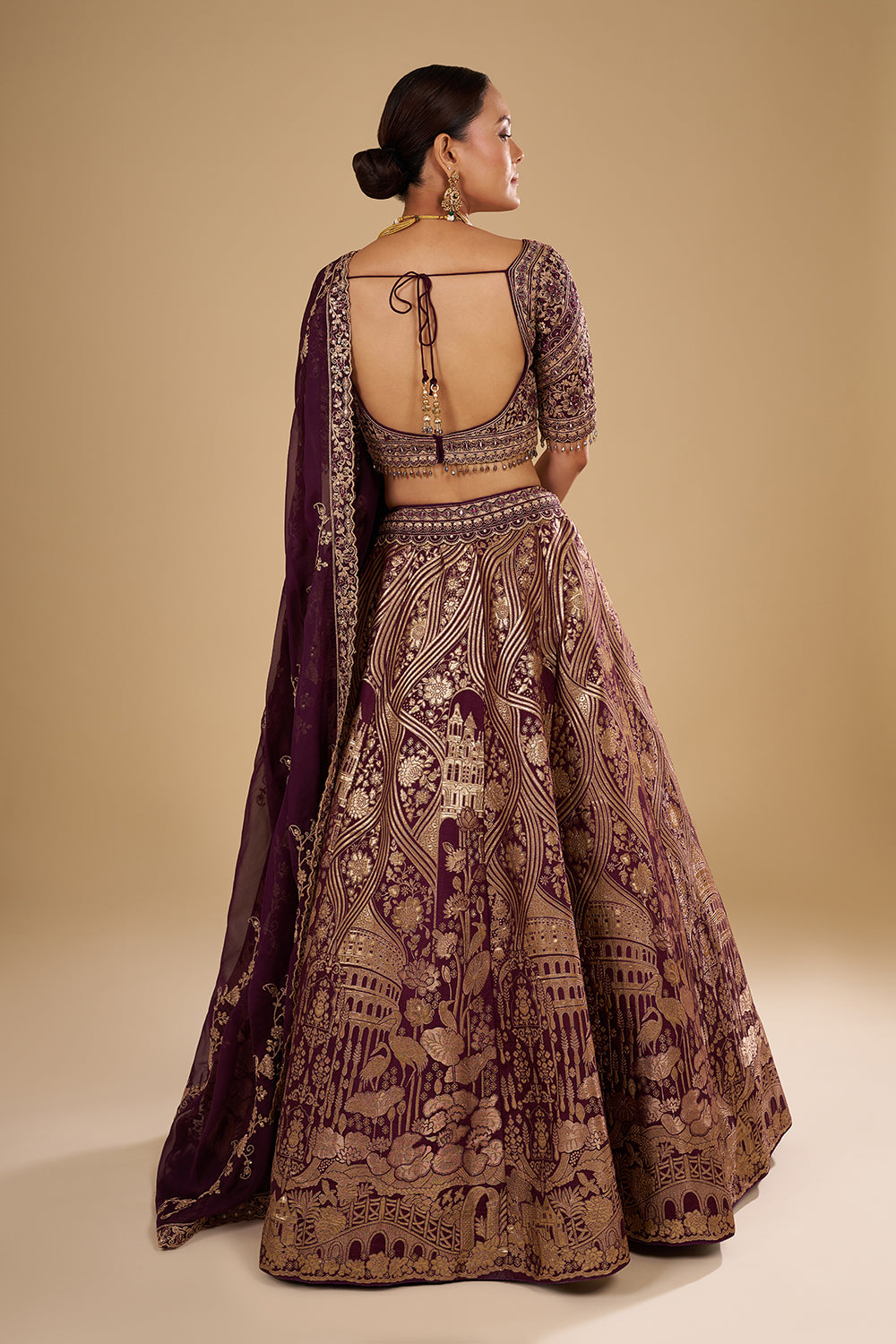 Deep Wine Banarasi Silk Lehenga Set with Zari Work