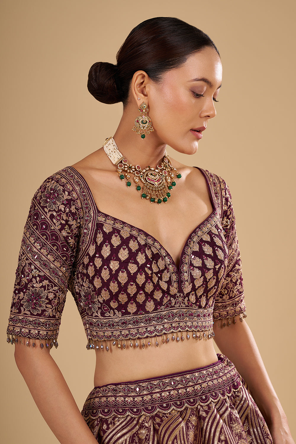 Deep Wine Banarasi Silk Lehenga Set with Zari Work