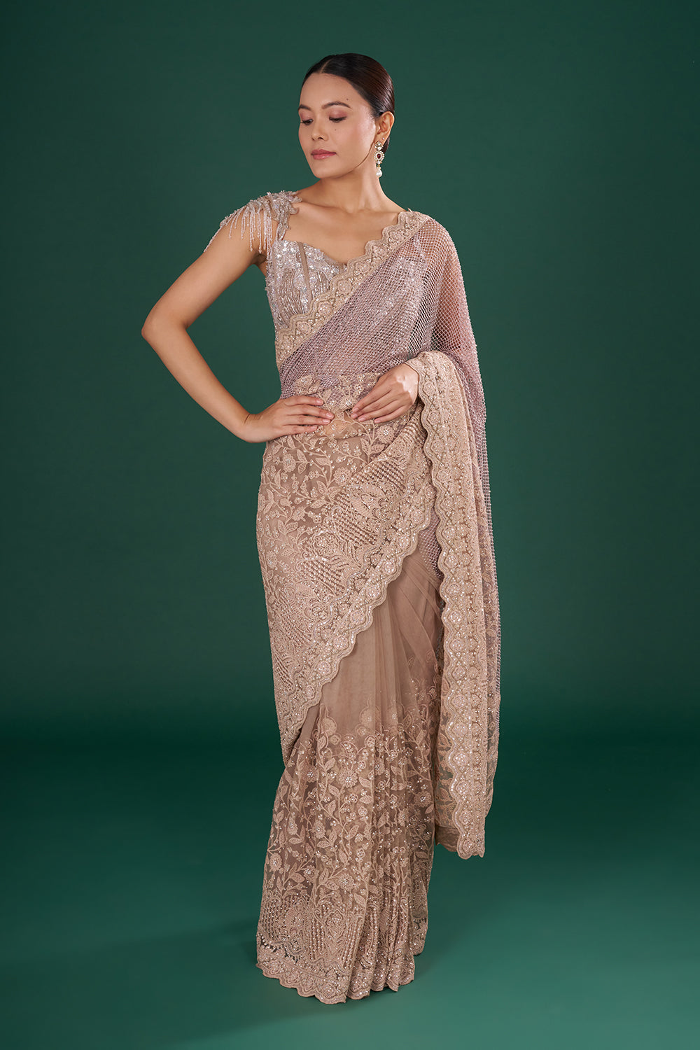 Dusty Gold & Mauve Embroidered Net Saree with Resham Aari Silver Sequin & Crystal Hand Work