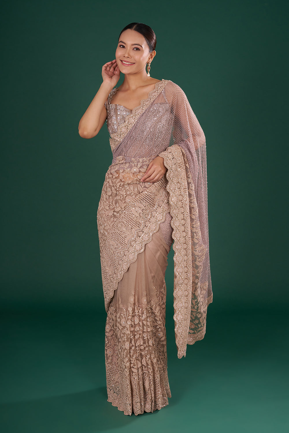 Dusty Gold & Mauve Embroidered Net Saree with Resham Aari Silver Sequin & Crystal Hand Work