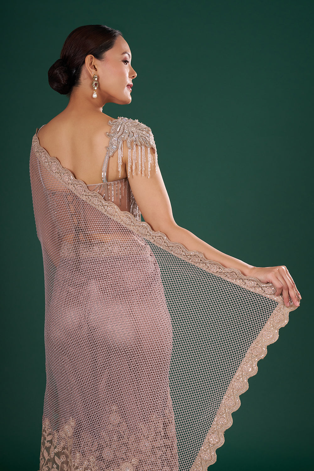 Dusty Gold & Mauve Embroidered Net Saree with Resham Aari Silver Sequin & Crystal Hand Work