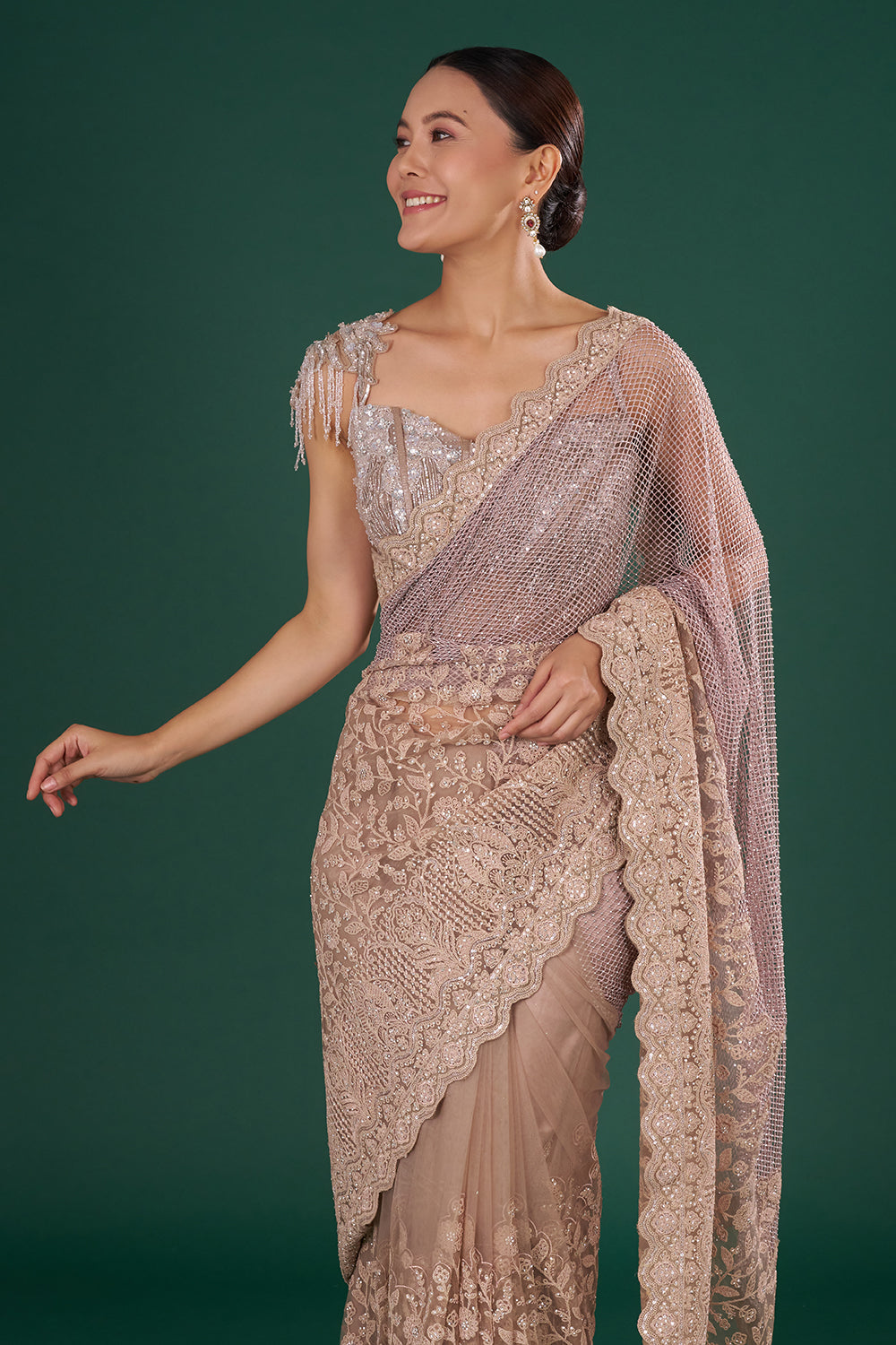 Dusty Gold & Mauve Embroidered Net Saree with Resham Aari Silver Sequin & Crystal Hand Work