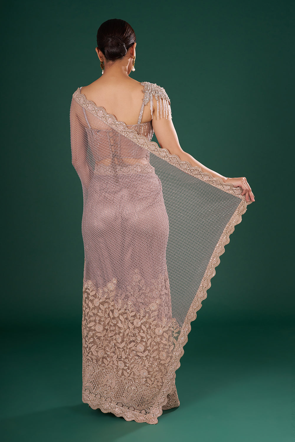 Dusty Gold & Mauve Embroidered Net Saree with Resham Aari Silver Sequin & Crystal Hand Work