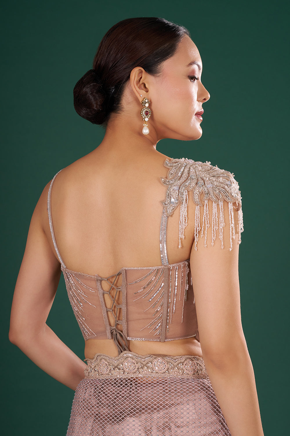 Dusty Gold & Mauve Embroidered Net Saree with Resham Aari Silver Sequin & Crystal Hand Work