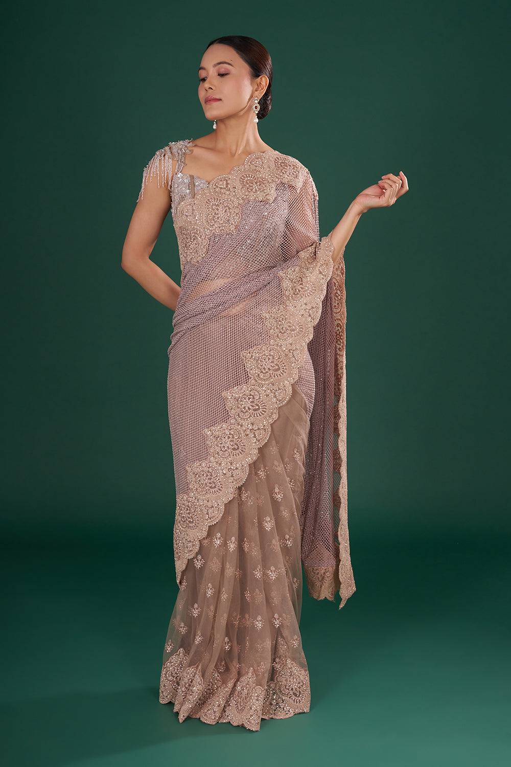 Dusty Gold & Mauve Embroidered Net Saree with Resham Aari, Silver Sequin