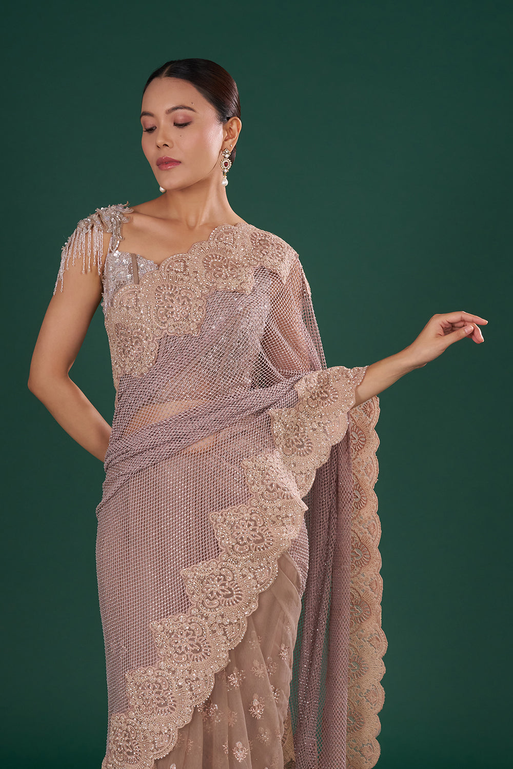 Dusty Gold & Mauve Embroidered Net Saree with Resham Aari, Silver Sequin