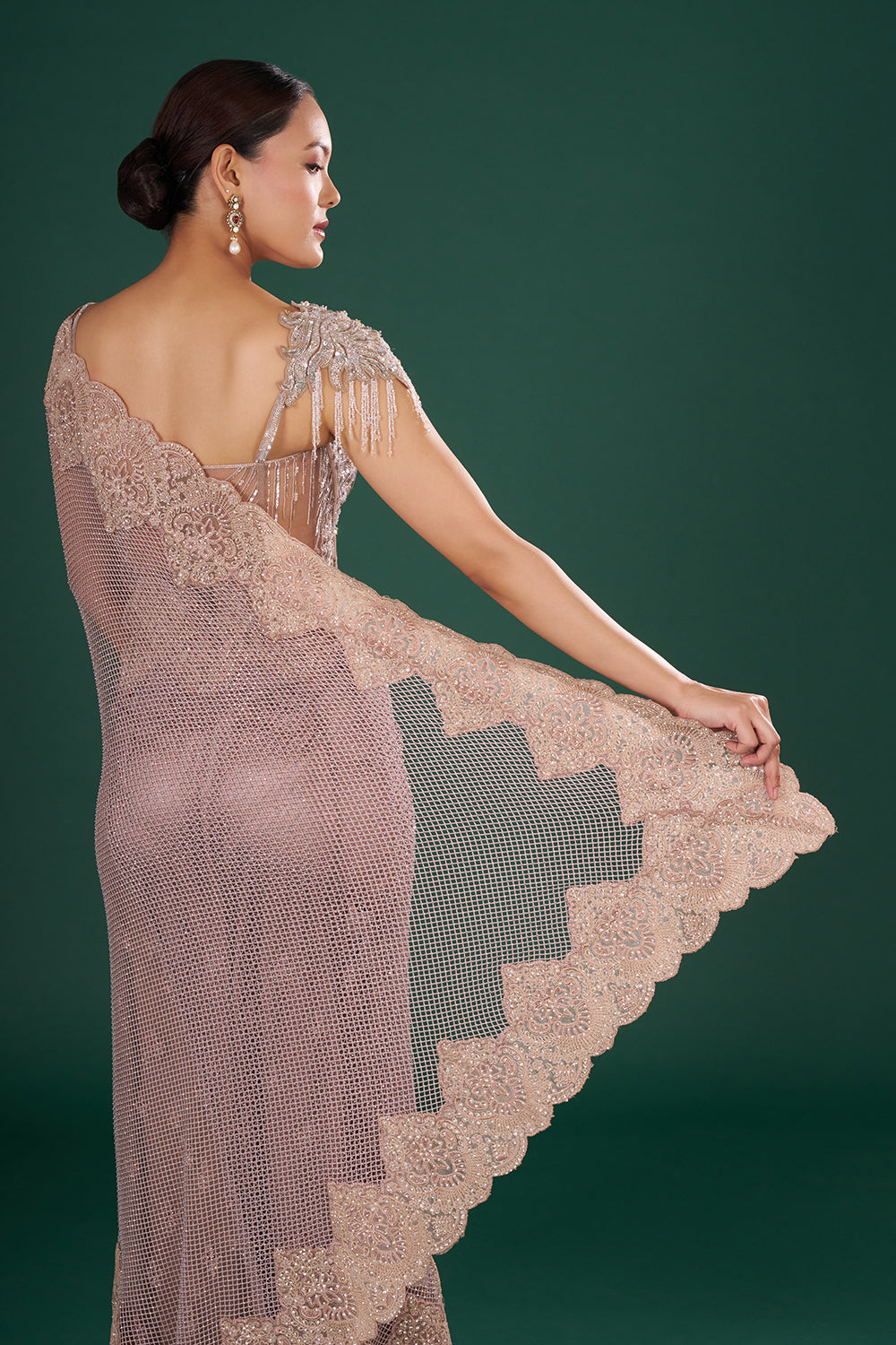 Dusty Gold & Mauve Embroidered Net Saree with Resham Aari, Silver Sequin