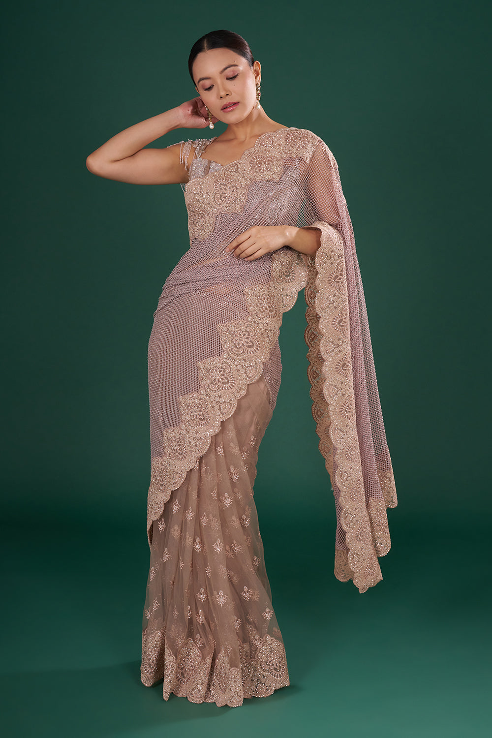 Dusty Gold & Mauve Embroidered Net Saree with Resham Aari, Silver Sequin