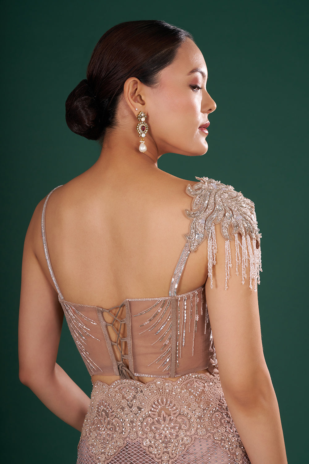 Dusty Gold & Mauve Embroidered Net Saree with Resham Aari, Silver Sequin