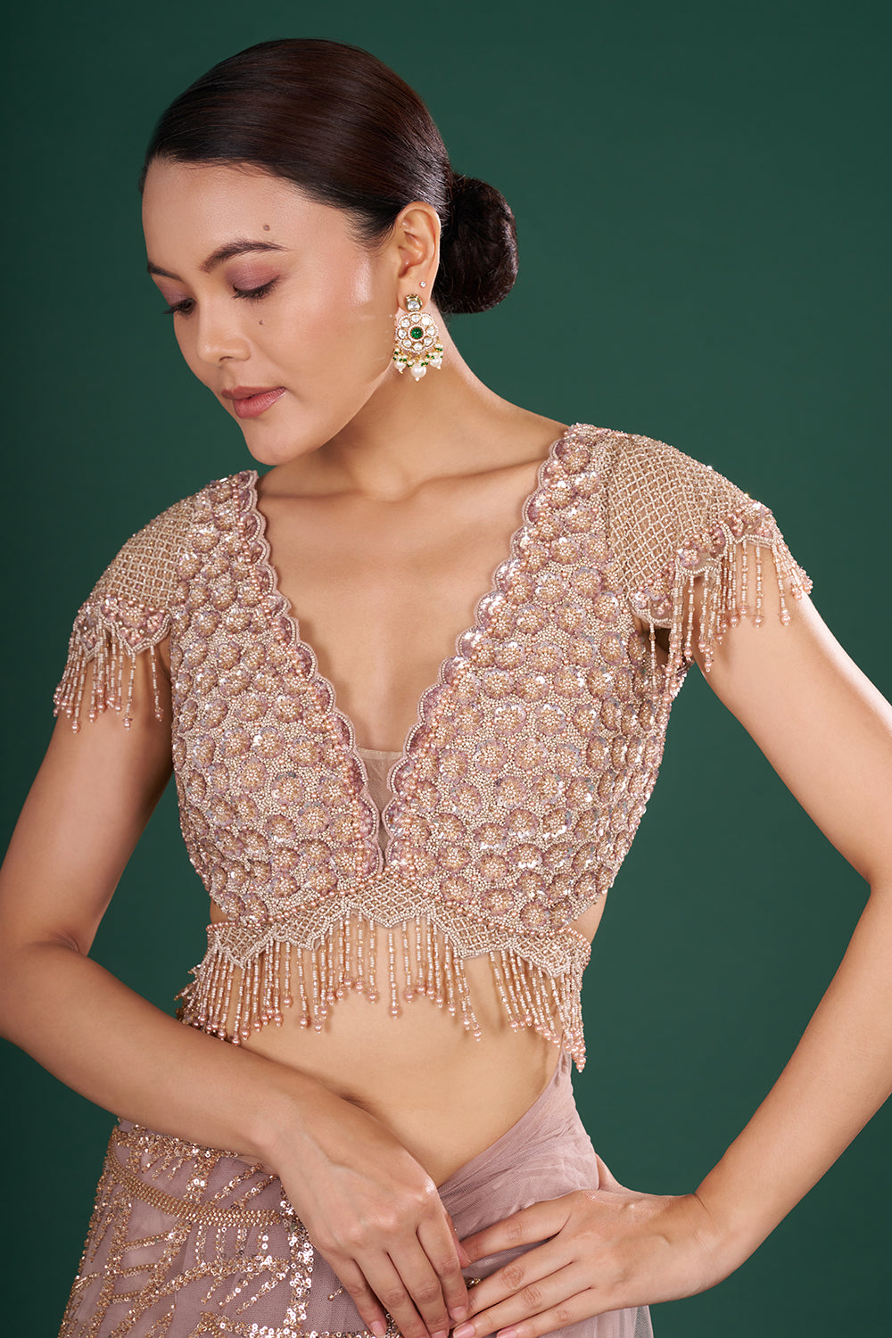 Dusty Gold Embroidered Net Saree in Abstract Pattern and Unstitched Blouse