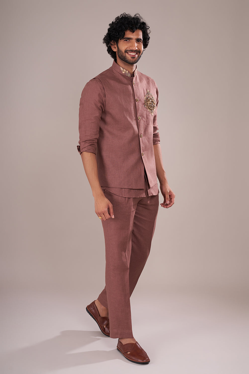 Dusty Mauve Silk Blend Men's Bundi Set with Zari Embroidery