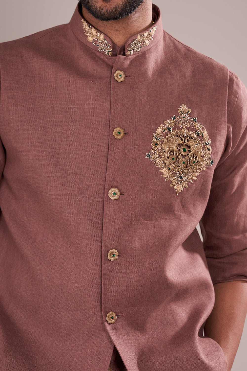 Dusty Mauve Silk Blend Men's Bundi Set with Zari Embroidery