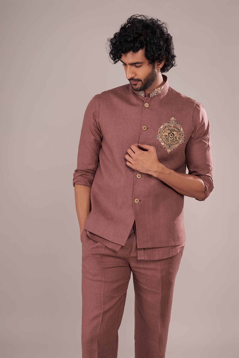 Dusty Mauve Silk Blend Men's Bundi Set with Zari Embroidery