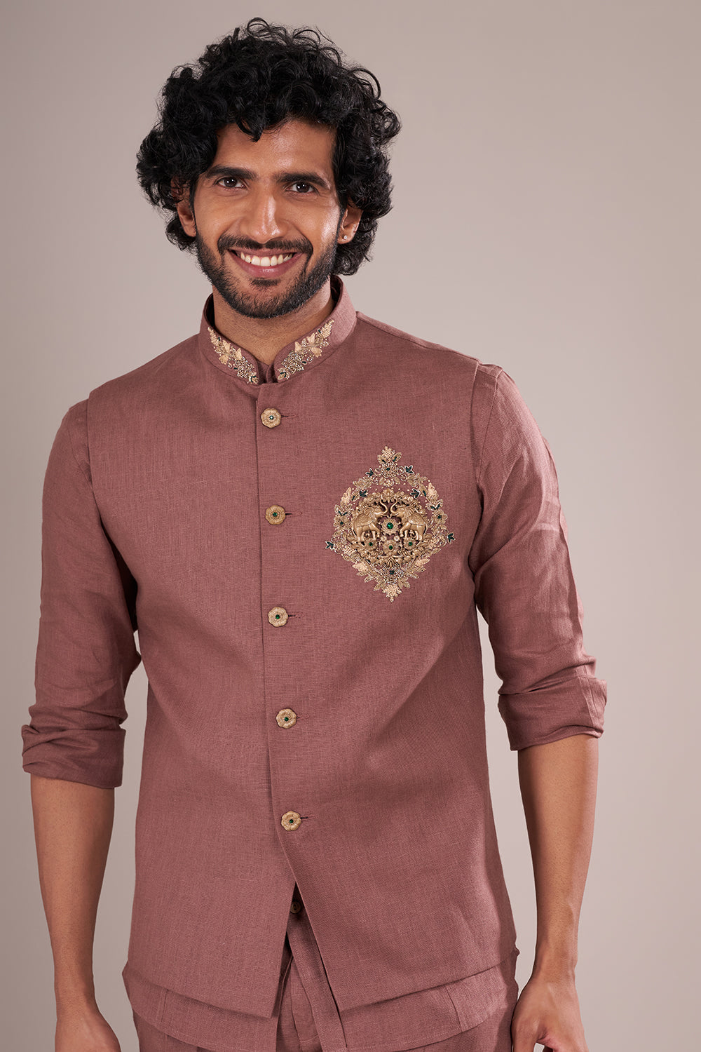 Dusty Mauve Silk Blend Men's Bundi Set with Zari Embroidery