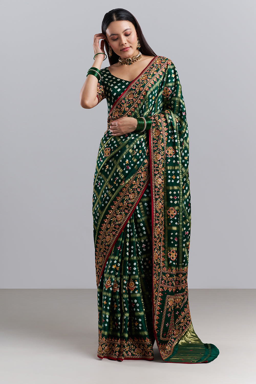 Emerald Green Bandhani Embroidered Saree