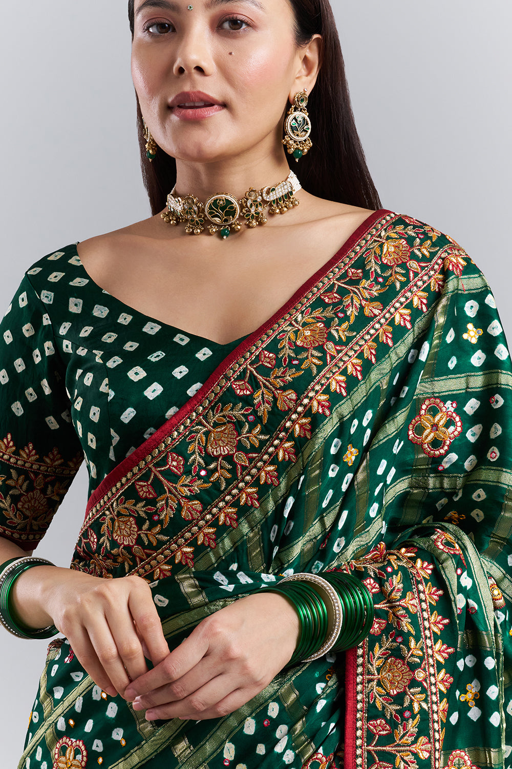 Emerald Green Bandhani Embroidered Saree