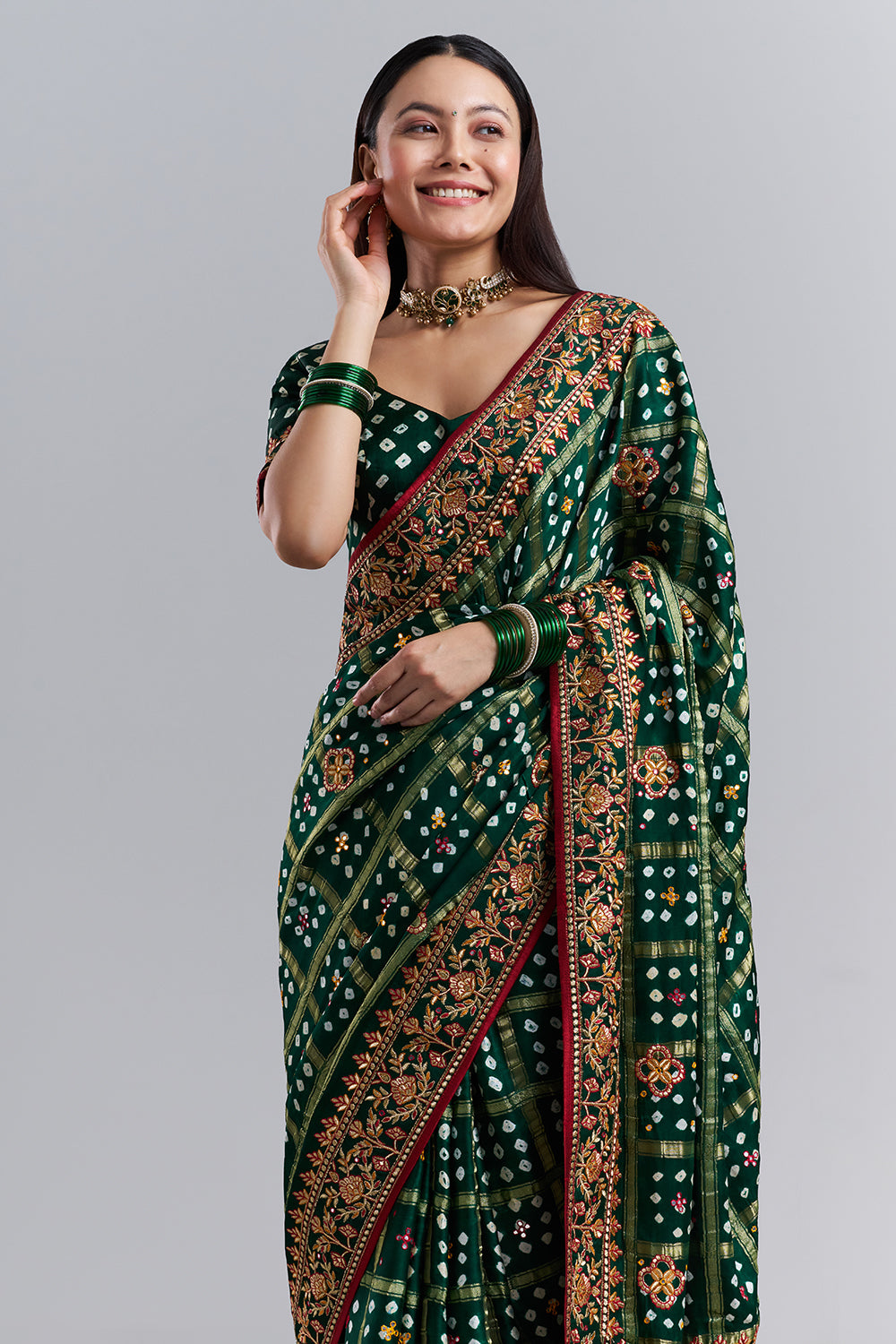 Emerald Green Bandhani Embroidered Saree