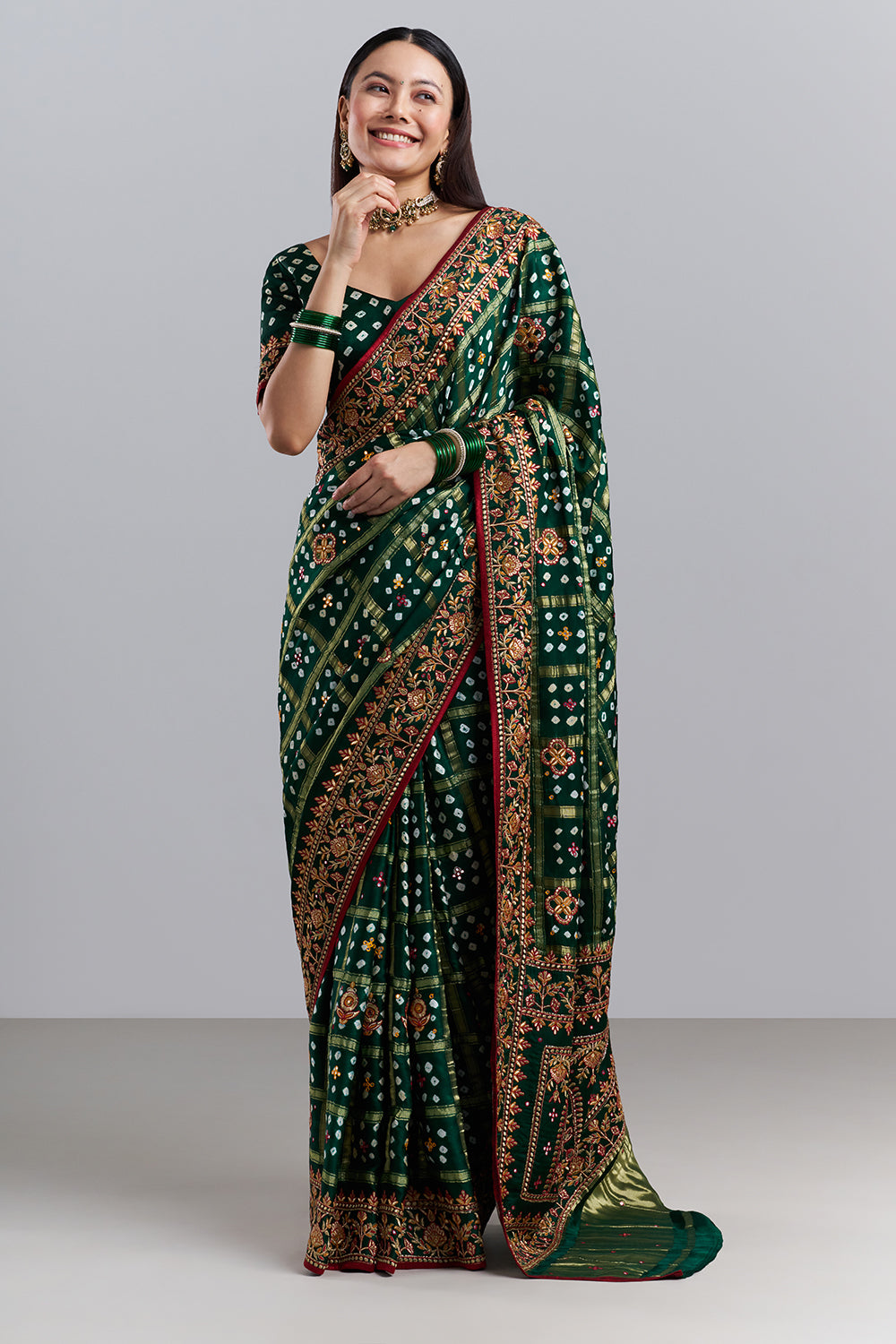 Emerald Green Bandhani Embroidered Saree