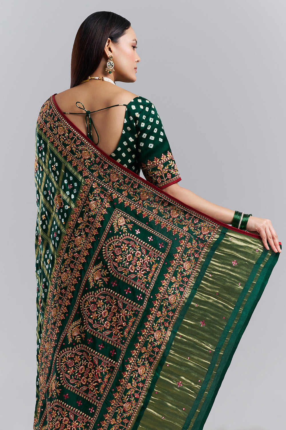 Emerald Green Bandhani Embroidered Saree