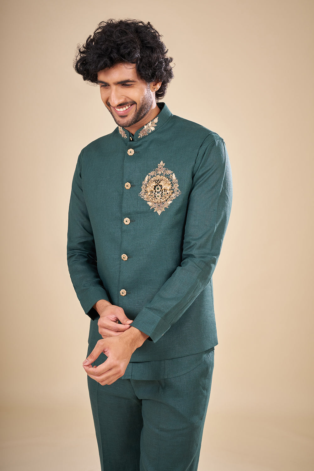 Emerald Green Silk Embroidered Bundi Set