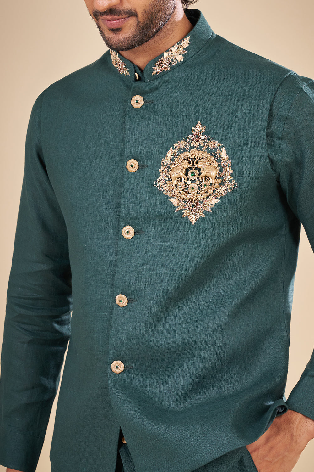 Emerald Green Silk Embroidered Bundi Set