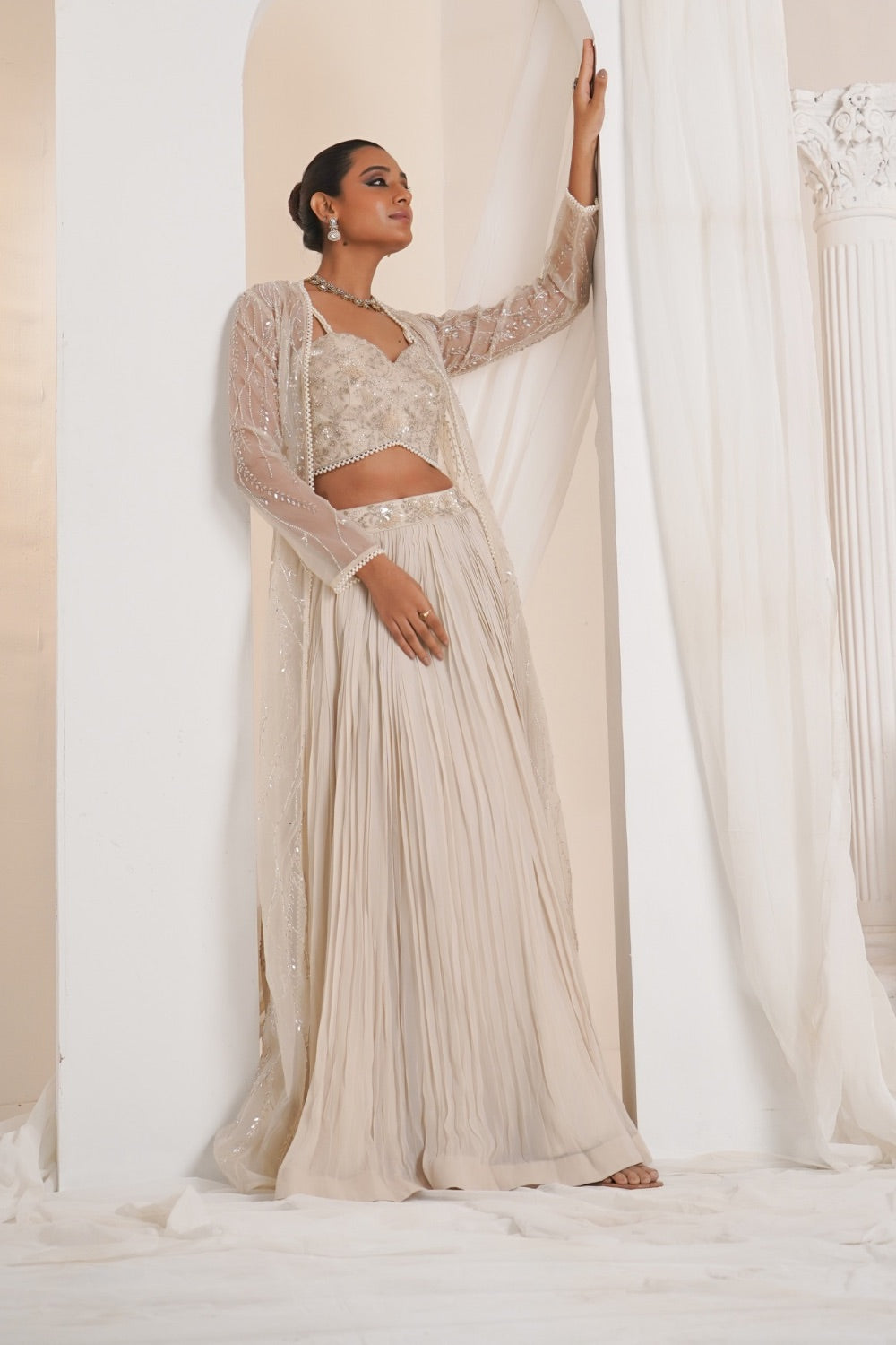 Off White organza Indowestern with cut dana and bid work